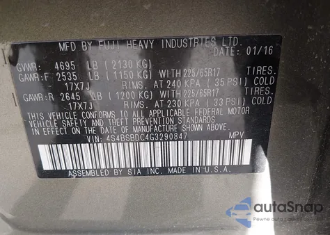 2016 Subaru Outback 2.5I Premium from USA, damaged, VIN 4S4BSBDC4G3290847